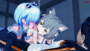 Rem and Felix suck dick and ride cock in a threesome - Re Zero Hentai.